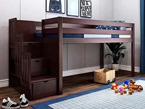 JACKPOT! Contemporary Low Loft Twin Bed with Stairway, Loft Bed, Cherry - Image 2