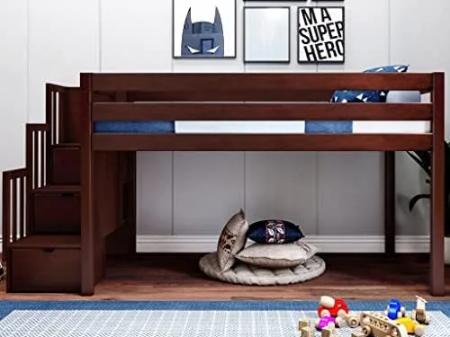 JACKPOT! Contemporary Low Loft Twin Bed with Stairway, Loft Bed, Cherry - Image 3