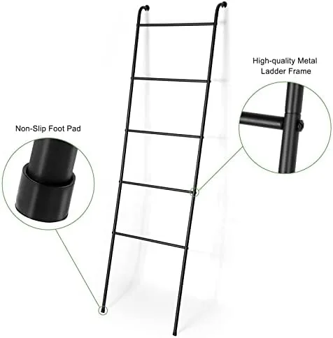 Towel Blanket Ladder Black Metal Blanket Ladder Holder Industrial 5 Tier Wall Leaning Ladder Rack for Bathroom Living Room Laundry Room (Matte Black) - Image 5