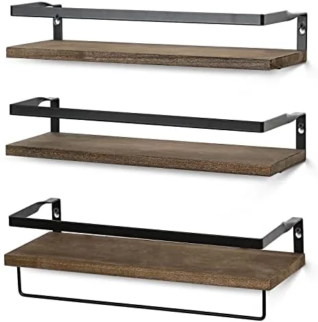 Set of 3, Wall Floating Bathroom Shelves with 1 Towel Bar - Wall Mounted Hanging Shelf for Bedroom, Living Room, Kitchen Storage Organizer - Rustic Farmhouse Bathroom Home Decor Clearance - Dark Brown - Image 3