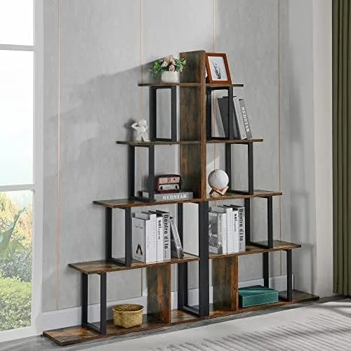 LEEMTORIG Corner Bookshelf Bookcase, Industrial 5-Tier 10 Shelfs Ladder Open Shelves Office Bookshelves, Stepped Storage Display Rack with Metal Frame for Living Room, Rustic Brown, TSJ-21406-RC - Image 3