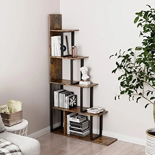 LEEMTORIG Corner Bookshelf Bookcase, Industrial 5-Tier 10 Shelfs Ladder Open Shelves Office Bookshelves, Stepped Storage Display Rack with Metal Frame for Living Room, Rustic Brown, TSJ-21406-RC - Image 2