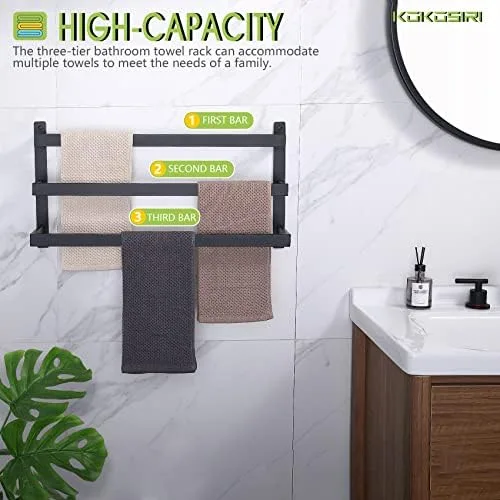 KOKOSIRI Bath Towel Bars Bathroom 3-Tiers Ladder Toilet Paper Holder Toilet Roll Holder Matte Black B5006BK-L24+B2003BK - Image 6