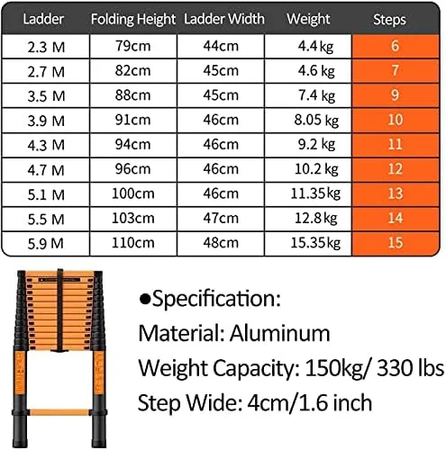 Aluminum Attic Ladders for Small Openings/Garage/RV Trailer, Home Folding Telescopic Ladder 2.6m 3.2m 3.8m 4.5m 5 Metre 6m with Hooks & Stabiliser, Load 150KG (Size : 4.7m/15.4 ft) - Image 4