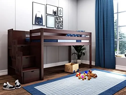 JACKPOT! Contemporary Low Loft Twin Bed with Stairway, Loft Bed, Cherry - Image 6