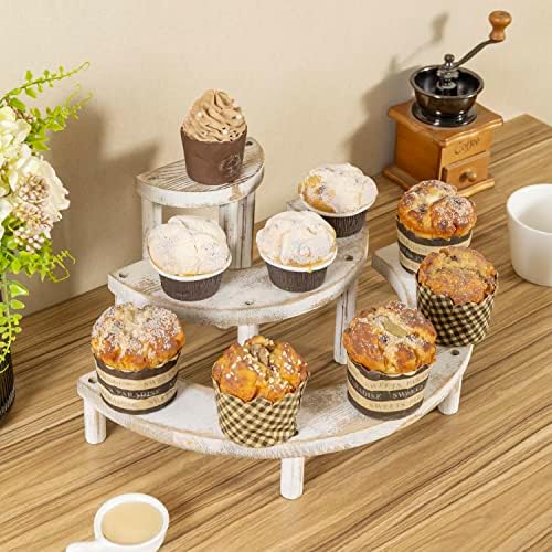 MyGift 3 Tier Cupcake Stand Whitewashed Wood Semicircle Dessert and Appetizer Display Riser, 3-Piece Set - Image 3
