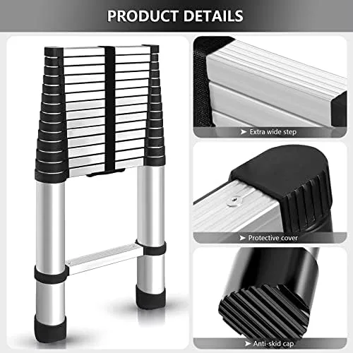 findmall 14.5FT / 4.4M Aluminum Telescopic Ladder Folding Step Inward Sliding Retraction Extension Ladder Multi-Use Non-Slip Collapsible Ladder - Image 5