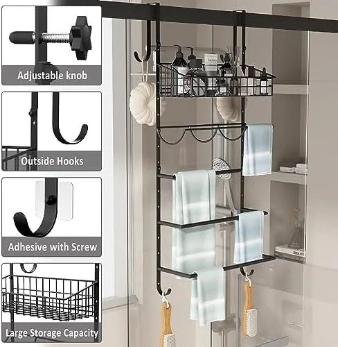 X-cosrack Adjustable Towel Racks for Bathroom Door Hanging, 5 Tiers Over The Door Towel Rack with Hooks, Bathroom Towel Holder Wall Mount for organizing Towels, Clothes(Black) - Image 7