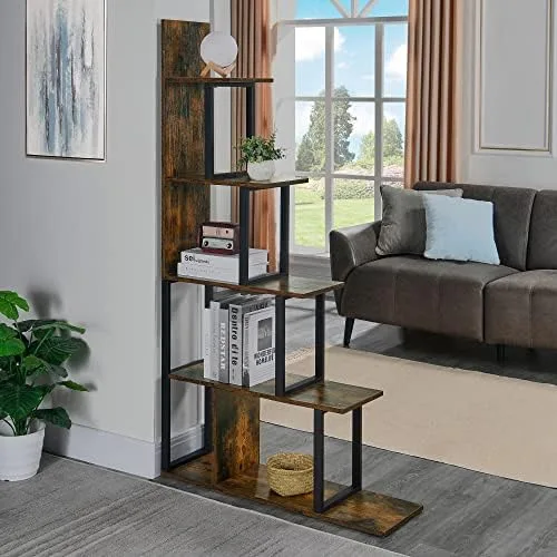 LEEMTORIG Corner Bookshelf Bookcase, Industrial 5-Tier 10 Shelfs Ladder Open Shelves Office Bookshelves, Stepped Storage Display Rack with Metal Frame for Living Room, Rustic Brown, TSJ-21406-RC - Image 5