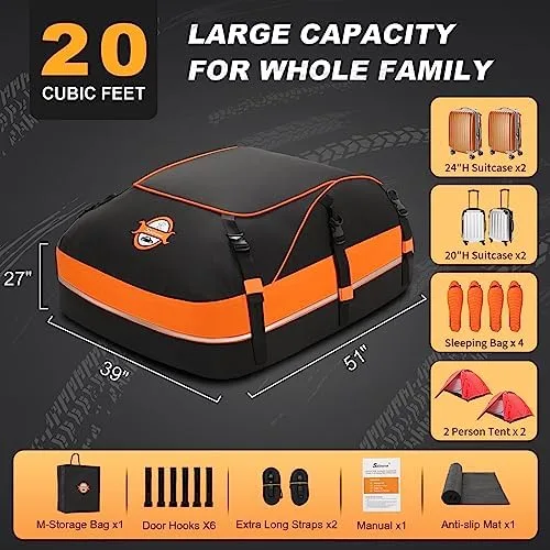 Rooftop Cargo Carrier & Car Roof Bag – Waterproof 20 Cubic Feet Heavy Duty Roof Bag, Anti-Tear 1000D PVC Rooftop Car Bag - Fits Cars with/Without Rack - Image 6