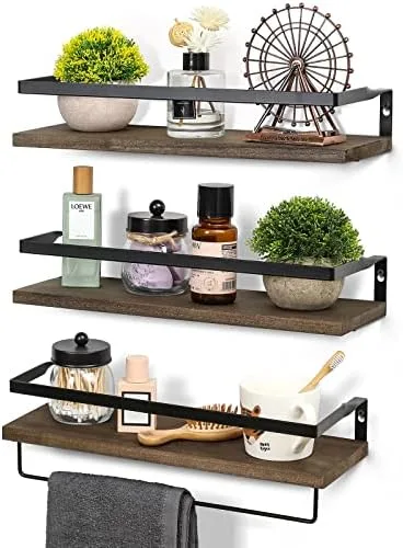 Set of 3, Wall Floating Bathroom Shelves with 1 Towel Bar - Wall Mounted Hanging Shelf for Bedroom, Living Room, Kitchen Storage Organizer - Rustic Farmhouse Bathroom Home Decor Clearance - Dark Brown - Image 2