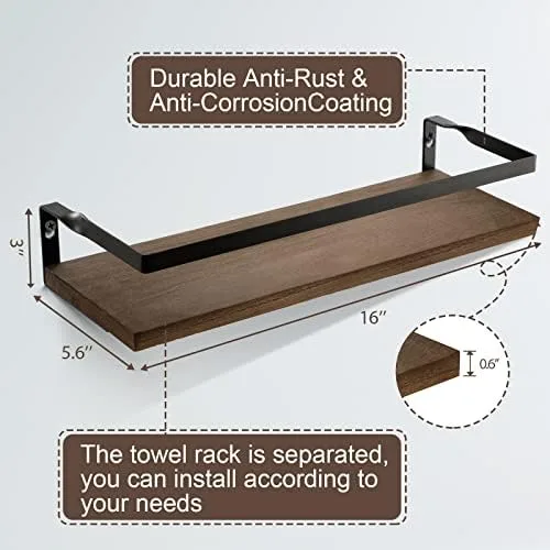 Set of 3, Wall Floating Bathroom Shelves with 1 Towel Bar - Wall Mounted Hanging Shelf for Bedroom, Living Room, Kitchen Storage Organizer - Rustic Farmhouse Bathroom Home Decor Clearance - Dark Brown - Image 7