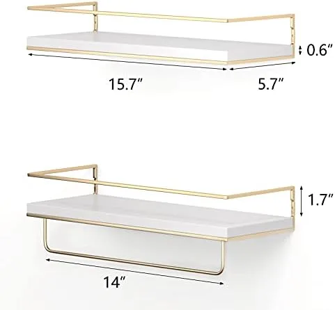 Shario White Floating Shelves - Set of 2, Wall Mounted Hanging Shelves with Golden Towel Rack, Decorative Storage Shelves for Bathroom, Kitchen, Living Room & Bedroom (White) - Image 4