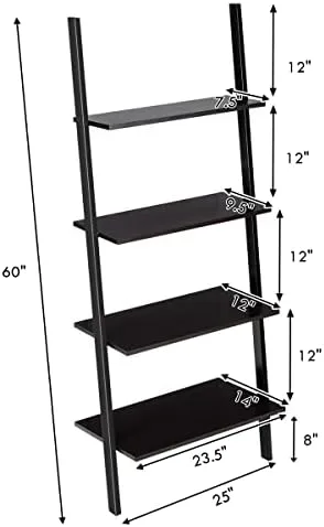 Tangkula Industrial 4-Tier Ladder Shelf, Leaning Against The Wall Bookshelf for Living Room Office, Multipurpose Storage Rack Shelves with Metal Frame, Plant Flower Stand (Black) - Image 4