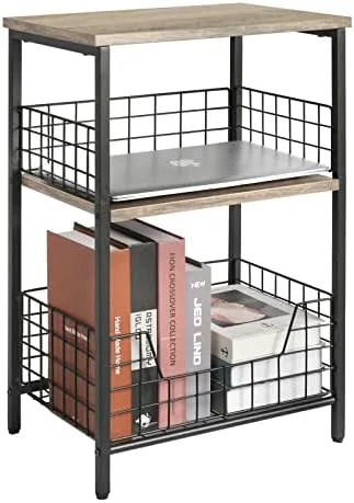 X-cosrack End Table,Industrial Retro Side Table Nightstand Storage Shelf for Living Room Bedroom Kitchen Family and Office,Stable Wood and Metal Frame, Patent Pending(Greige & Black) - Image 2