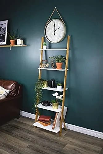 ViBelle 5-Tier Elegant Ladder Shelf Bamboo Storage Rack Shelves Wall Leaning Shelf Unit - Great for Home Office Storage, Living Room, Indoor and Outdoor Display Rack (White) - Image 7