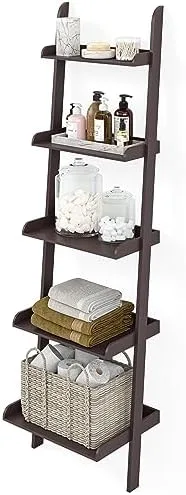 Ballucci 5-Tier Ladder Shelf, Modern 67" Tall Wood Leaning Shelf Organizer for Living Room, Bathroom, Office, Bedroom - Espresso - Image 8
