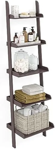 Ballucci 5-Tier Ladder Shelf, Modern 67" Tall Wood Leaning Shelf Organizer for Living Room, Bathroom, Office, Bedroom - Espresso - Image 7