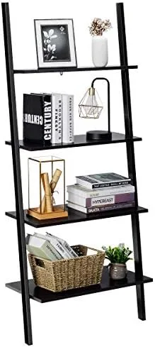 Tangkula Industrial 4-Tier Ladder Shelf, Leaning Against The Wall Bookshelf for Living Room Office, Multipurpose Storage Rack Shelves with Metal Frame, Plant Flower Stand (Black) - Image 2