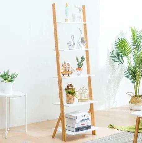ViBelle 5-Tier Elegant Ladder Shelf Bamboo Storage Rack Shelves Wall Leaning Shelf Unit - Great for Home Office Storage, Living Room, Indoor and Outdoor Display Rack (White) - Image 2