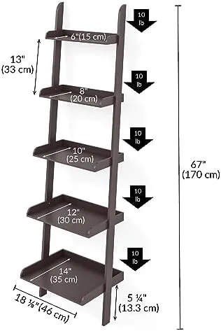 Ballucci 5-Tier Ladder Shelf, Modern 67" Tall Wood Leaning Shelf Organizer for Living Room, Bathroom, Office, Bedroom - Espresso - Image 4