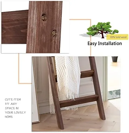 FUIN 5ft (58") Wood Blanket Ladder Living Room Decorative Wall Leaning Farmhouse Quilt Display Holder Rustic Wooden Towel Rack for Bathroom, Brown - Image 7