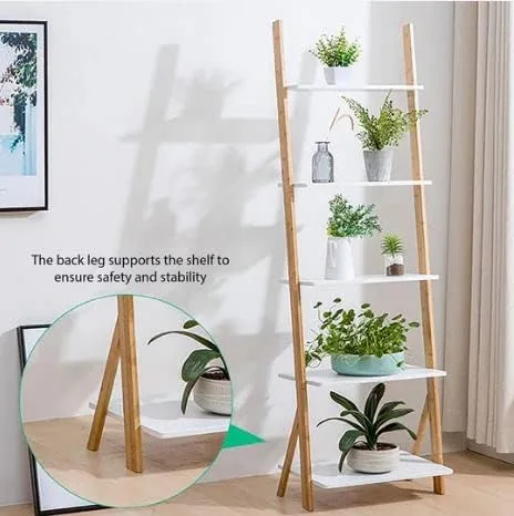 ViBelle 5-Tier Elegant Ladder Shelf Bamboo Storage Rack Shelves Wall Leaning Shelf Unit - Great for Home Office Storage, Living Room, Indoor and Outdoor Display Rack (White) - Image 5