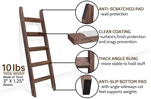FUIN 5ft (58") Wood Blanket Ladder Living Room Decorative Wall Leaning Farmhouse Quilt Display Holder Rustic Wooden Towel Rack for Bathroom, Brown - Image 6