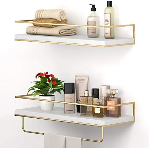 Shario White Floating Shelves - Set of 2, Wall Mounted Hanging Shelves with Golden Towel Rack, Decorative Storage Shelves for Bathroom, Kitchen, Living Room & Bedroom (White) - Image 2