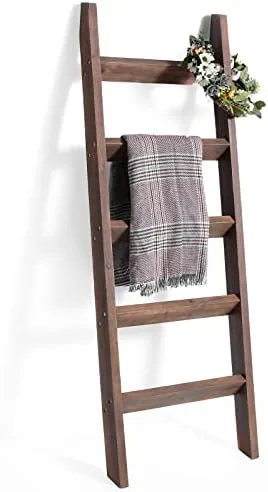 FUIN 5ft (58") Wood Blanket Ladder Living Room Decorative Wall Leaning Farmhouse Quilt Display Holder Rustic Wooden Towel Rack for Bathroom, Brown - Image 2