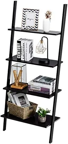 Tangkula Industrial 4-Tier Ladder Shelf, Leaning Against The Wall Bookshelf for Living Room Office, Multipurpose Storage Rack Shelves with Metal Frame, Plant Flower Stand (Black) - Image 10