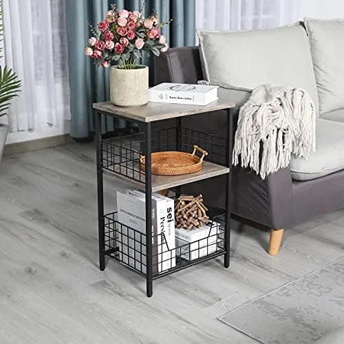 X-cosrack End Table,Industrial Retro Side Table Nightstand Storage Shelf for Living Room Bedroom Kitchen Family and Office,Stable Wood and Metal Frame, Patent Pending(Greige & Black) - Image 9