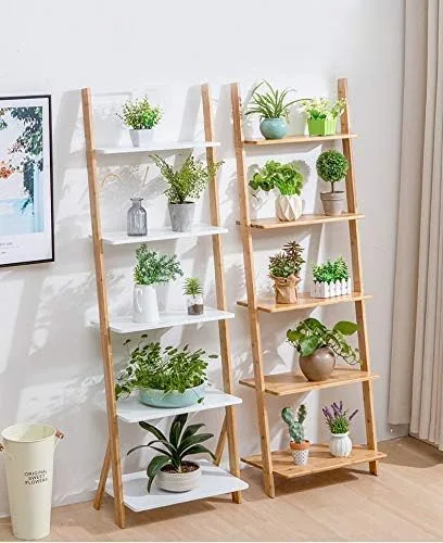 ViBelle 5-Tier Elegant Ladder Shelf Bamboo Storage Rack Shelves Wall Leaning Shelf Unit - Great for Home Office Storage, Living Room, Indoor and Outdoor Display Rack (White) - Image 3