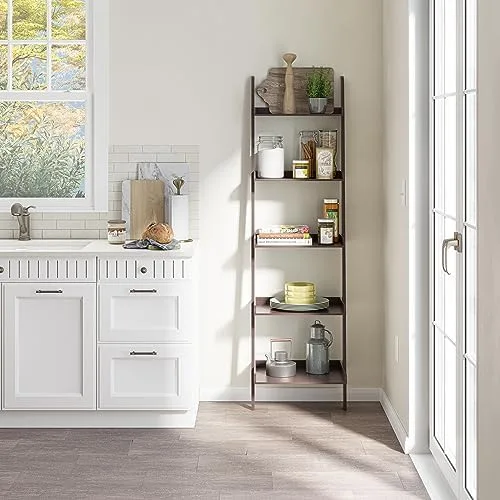 Ballucci 5-Tier Ladder Shelf, Modern 67" Tall Wood Leaning Shelf Organizer for Living Room, Bathroom, Office, Bedroom - Espresso - Image 6