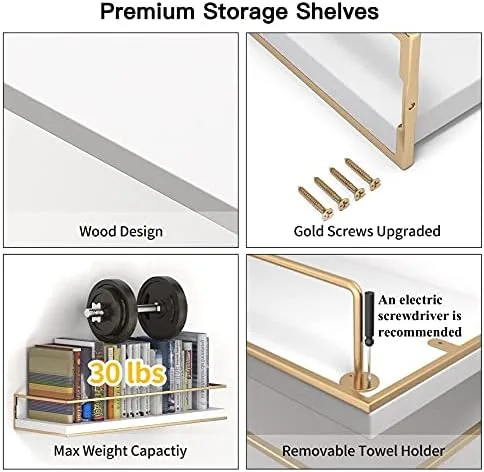 Shario White Floating Shelves - Set of 2, Wall Mounted Hanging Shelves with Golden Towel Rack, Decorative Storage Shelves for Bathroom, Kitchen, Living Room & Bedroom (White) - Image 7