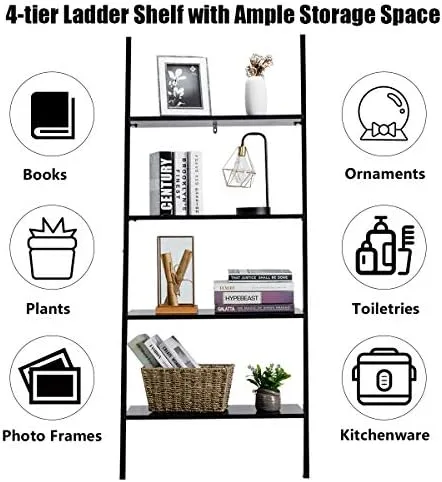Tangkula Industrial 4-Tier Ladder Shelf, Leaning Against The Wall Bookshelf for Living Room Office, Multipurpose Storage Rack Shelves with Metal Frame, Plant Flower Stand (Black) - Image 8