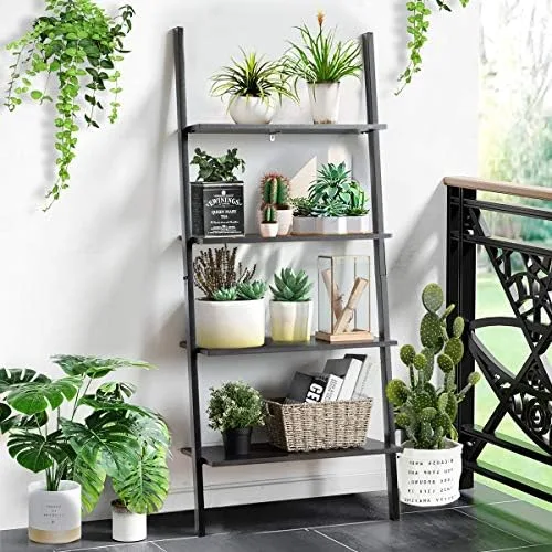 Tangkula Industrial 4-Tier Ladder Shelf, Leaning Against The Wall Bookshelf for Living Room Office, Multipurpose Storage Rack Shelves with Metal Frame, Plant Flower Stand (Black) - Image 6
