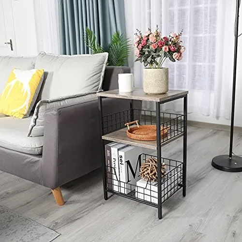 X-cosrack End Table,Industrial Retro Side Table Nightstand Storage Shelf for Living Room Bedroom Kitchen Family and Office,Stable Wood and Metal Frame, Patent Pending(Greige & Black) - Image 3