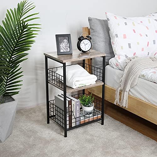 X-cosrack End Table,Industrial Retro Side Table Nightstand Storage Shelf for Living Room Bedroom Kitchen Family and Office,Stable Wood and Metal Frame, Patent Pending(Greige & Black) - Image 5
