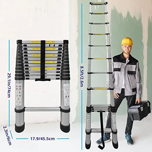Nassboards, Telescoping Ladder - Lightweight Aluminum Metal - Telescopic, Compact, Multi Purpose, Adjustable Steps, Extendable & Collapsible for Cleaning Gutters, Decorating, Painting Walls (8.5 ft) - Image 5