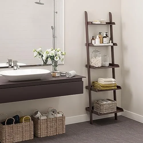 Ballucci 5-Tier Ladder Shelf, Modern 67" Tall Wood Leaning Shelf Organizer for Living Room, Bathroom, Office, Bedroom - Espresso - Image 3