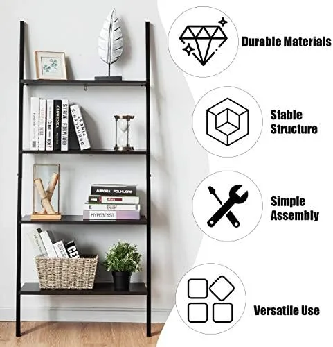 Tangkula Industrial 4-Tier Ladder Shelf, Leaning Against The Wall Bookshelf for Living Room Office, Multipurpose Storage Rack Shelves with Metal Frame, Plant Flower Stand (Black) - Image 9