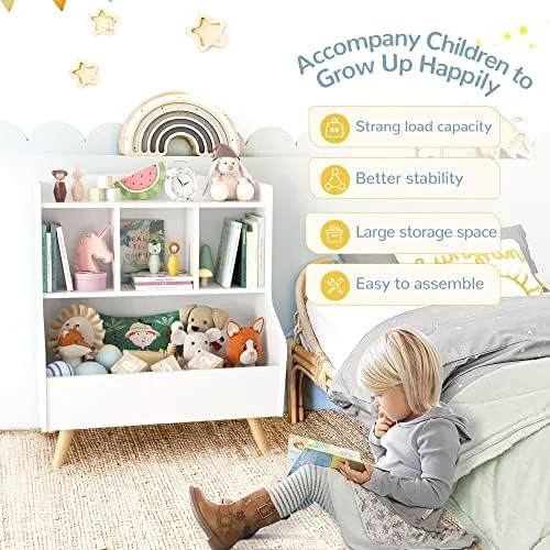 Curipeer Kids Bookshelf and Toy Storage, 3-Tier Wooden Open Bookcase, Baby Book and Toy Storage Display Organizer with Spacious Top Shelf, for Children, Friends, Family, White - Image 6