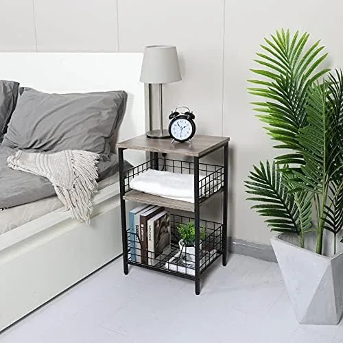 X-cosrack End Table,Industrial Retro Side Table Nightstand Storage Shelf for Living Room Bedroom Kitchen Family and Office,Stable Wood and Metal Frame, Patent Pending(Greige & Black) - Image 6