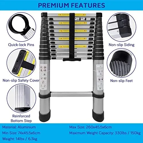 Nassboards, Telescoping Ladder - Lightweight Aluminum Metal - Telescopic, Compact, Multi Purpose, Adjustable Steps, Extendable & Collapsible for Cleaning Gutters, Decorating, Painting Walls (8.5 ft) - Image 3