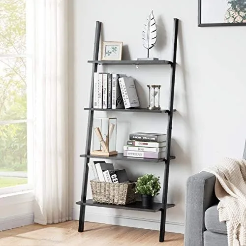Tangkula Industrial 4-Tier Ladder Shelf, Leaning Against The Wall Bookshelf for Living Room Office, Multipurpose Storage Rack Shelves with Metal Frame, Plant Flower Stand (Black) - Image 3