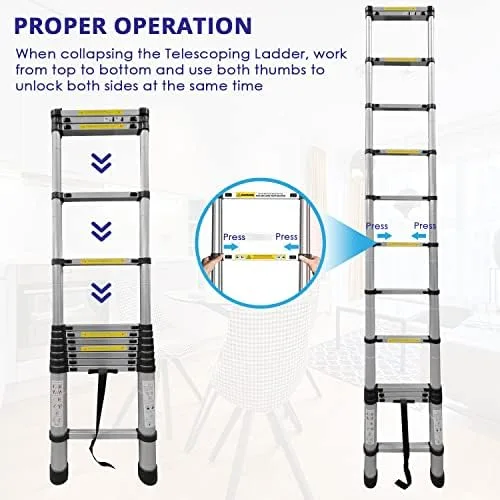 Nassboards, Telescoping Ladder - Lightweight Aluminum Metal - Telescopic, Compact, Multi Purpose, Adjustable Steps, Extendable & Collapsible for Cleaning Gutters, Decorating, Painting Walls (8.5 ft) - Image 6
