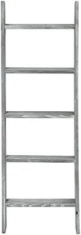ExoLiry Rustic Stone Gray Wood Wall Leaning Ladder Wooden Display Rack 4.5 Feet Blanket Quilt Scarf Towel Laundry Decor 5 Rungs Farmhouse Country Style Home Bathroom Kitchen Bedroom Living Room - Image 3