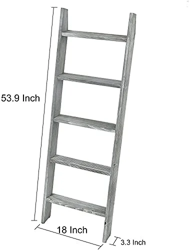 ExoLiry Rustic Stone Gray Wood Wall Leaning Ladder Wooden Display Rack 4.5 Feet Blanket Quilt Scarf Towel Laundry Decor 5 Rungs Farmhouse Country Style Home Bathroom Kitchen Bedroom Living Room - Image 4