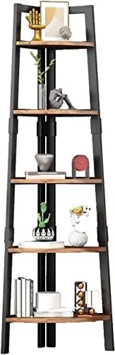 ALISENED 5 Tier Corner Shelf, 68.9" Wood Tall Ladder Bookshelf, Industrial Plant Stand Storage Shelving with Metal Frame for Bedroom, Library, Living Room, Home, Office, Rustic Brown - Image 2